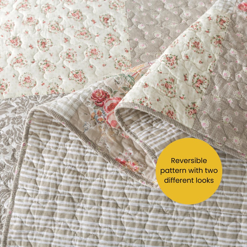 SLPR Walk in The Cotswolds Patchwork Cotton Pieced Quilt Set - Twin Size with 1 Sham, Neutral Floral & Cream Cottage Quilted Bedspread, French Country Farmhouse Bedding for All Seasons - Image 5